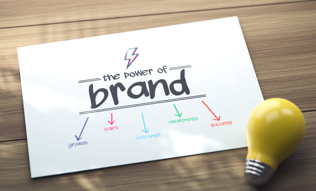 The power of brand concept with arrows to growth, sales, awareness, and success