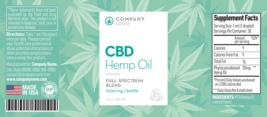 CBD hemp oil bottle label with supplement facts.