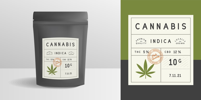 Cannabis Indica packaging, 10g with THC, CBD details.