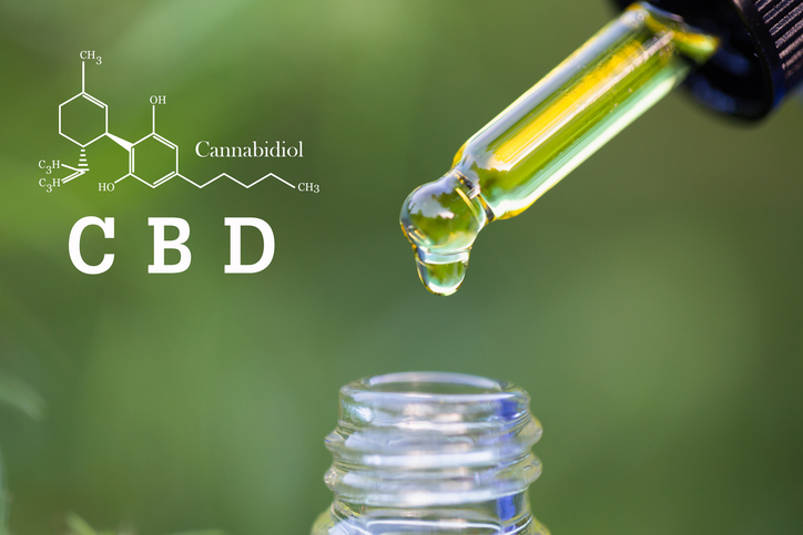 CBD oil dropper and molecular structure diagram