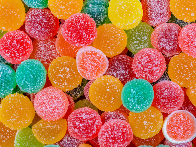 Colorful sugar-coated gummy candies.
