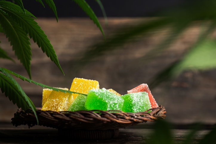 Colorful gummy candies in a wicker basket.