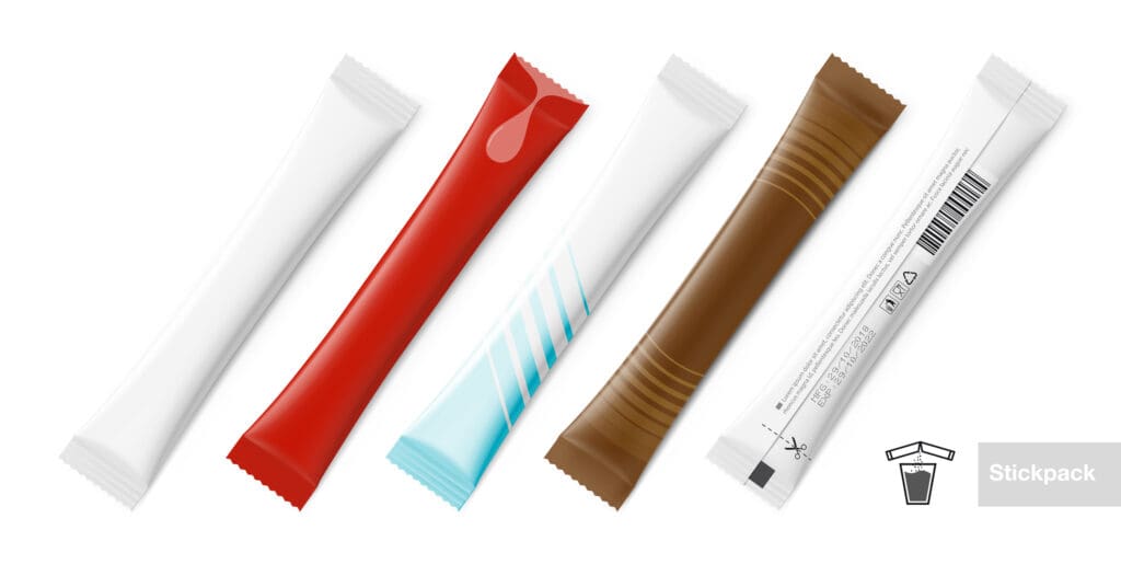 Five assorted stickpack packages in various colors.
