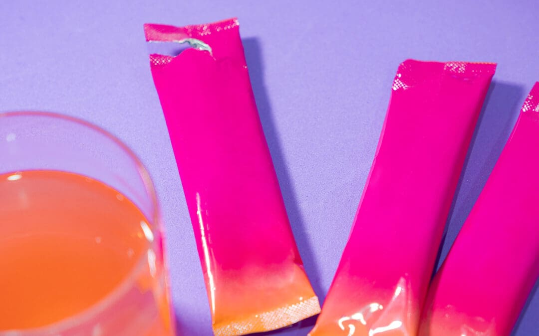 Colorful drink mix packets with glass on purple background.