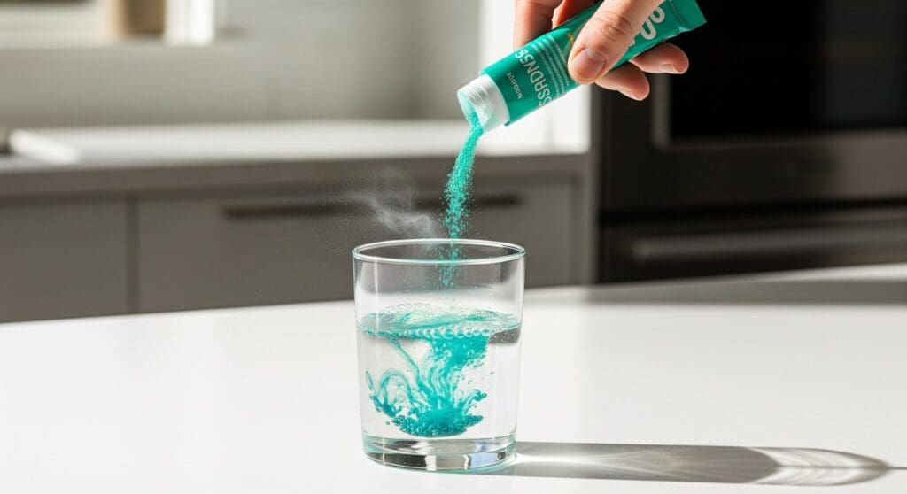 Adding green powder to a glass of water.