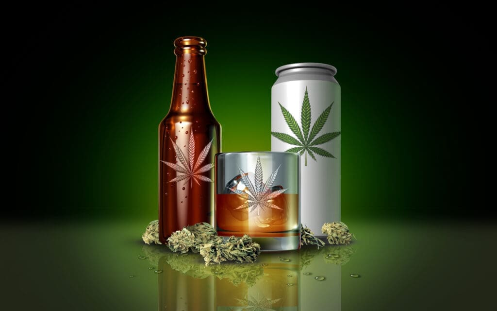 Cannabis-themed drinks and marijuana buds on display.