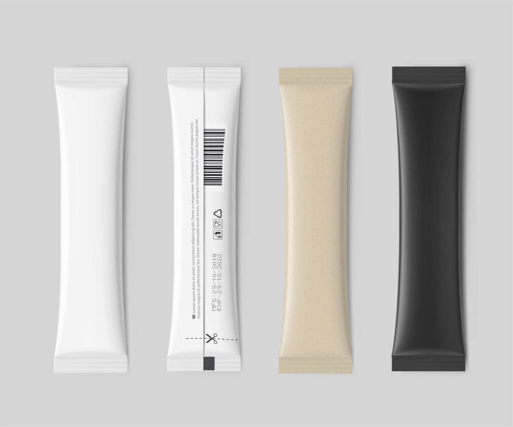 Four blank stick packaging mockups, various colors.