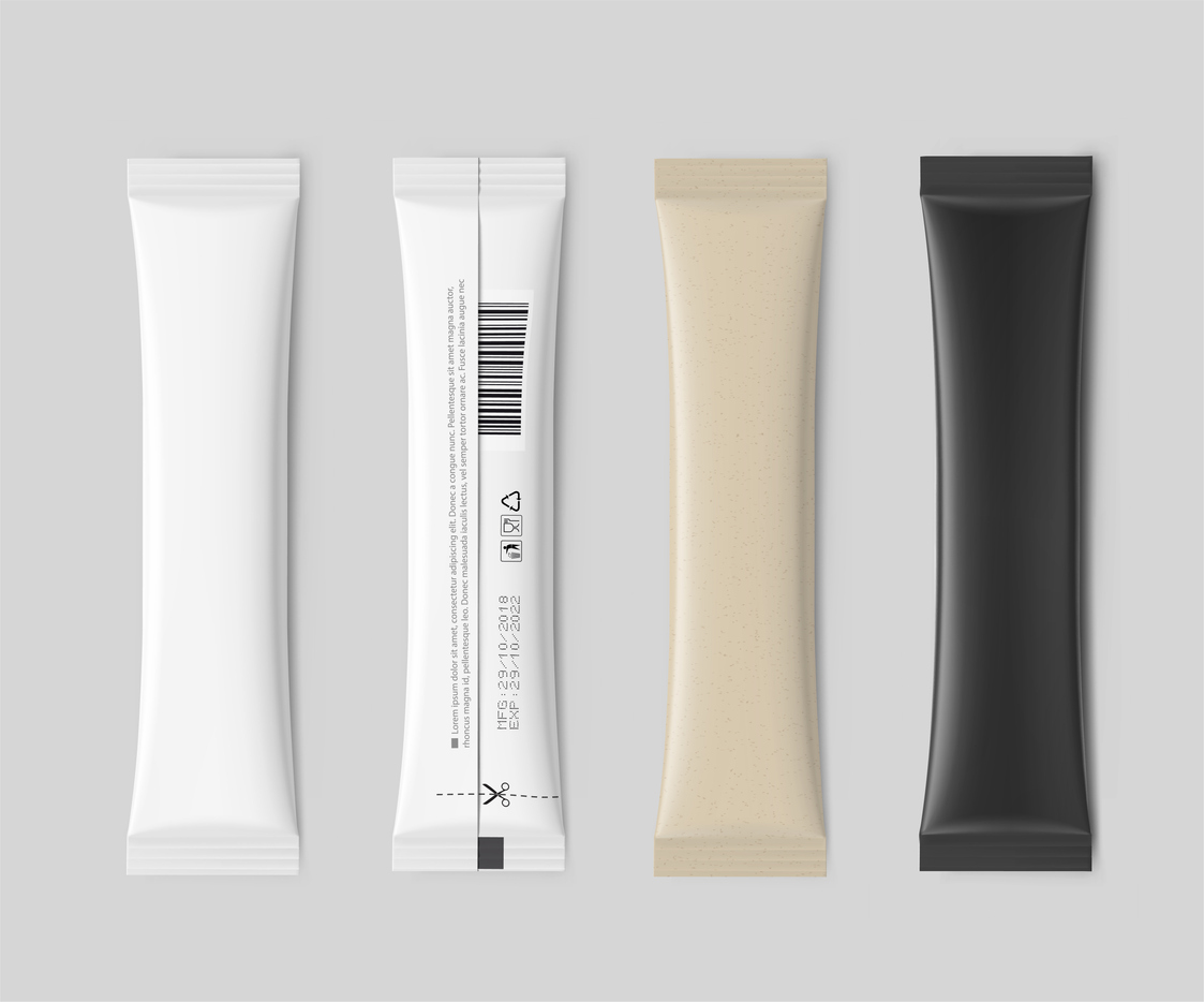 Four blank stick packaging mockups, various colors.