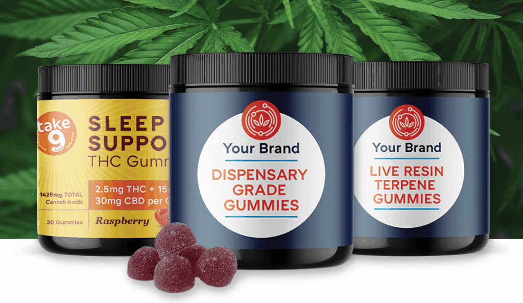 Jars of private label gummies on a cannabis leaf background