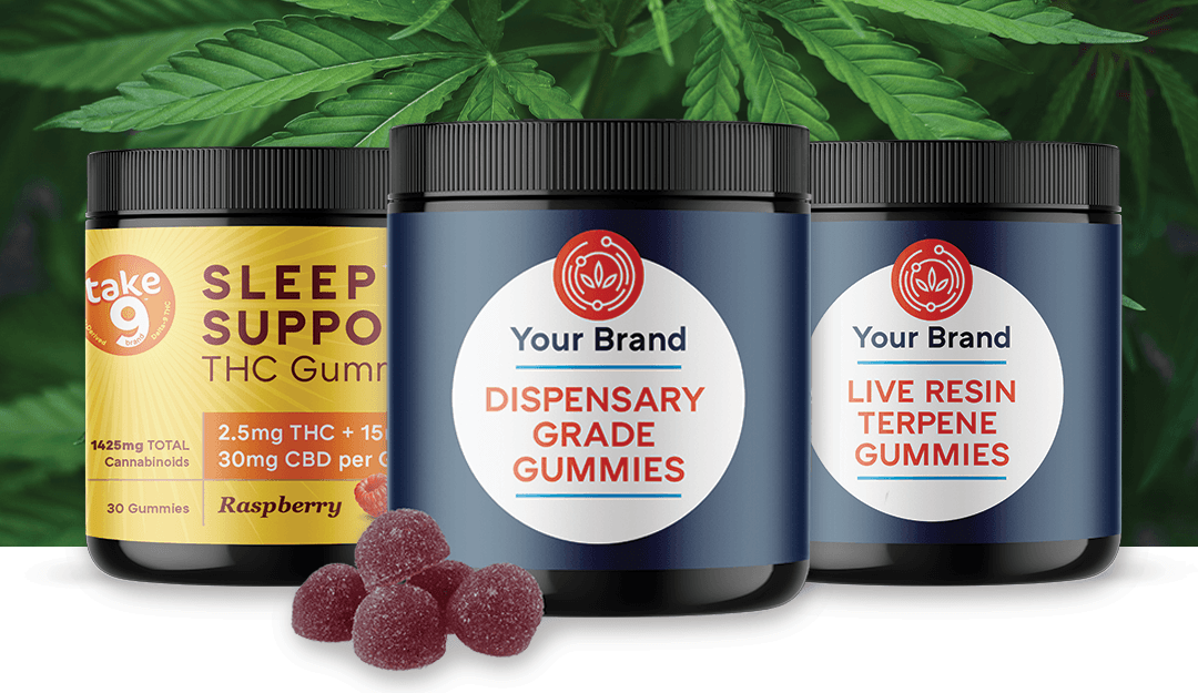 Jars of private label gummies on a cannabis leaf background