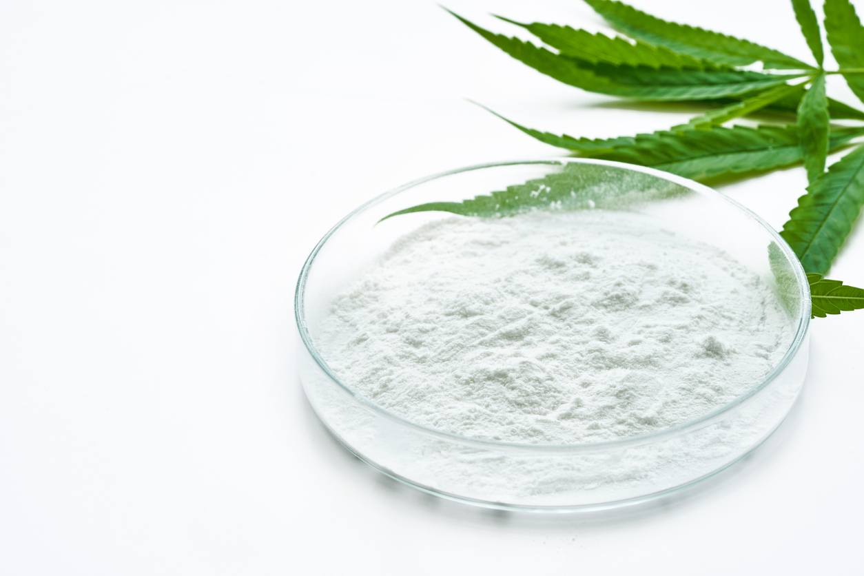 White CBD powder in glass dish with hemp leaves