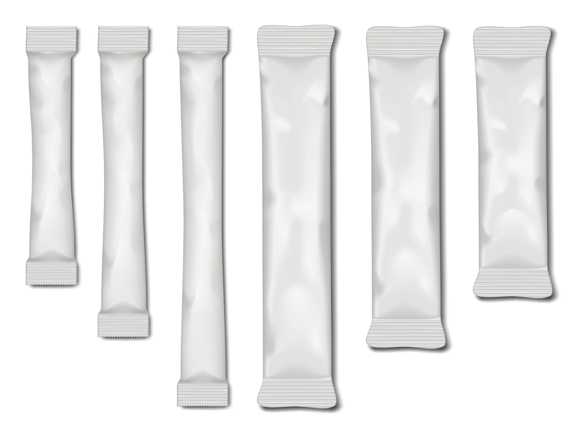 Six white sachet package mockups arranged vertically.